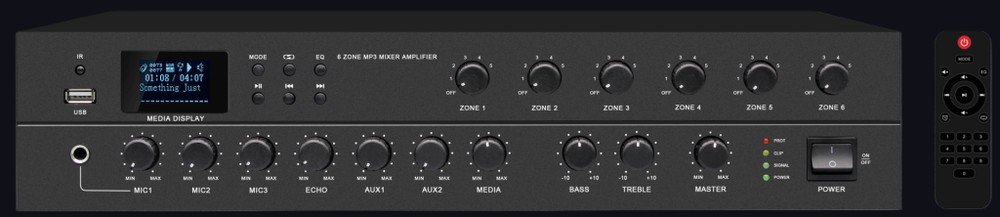 6 zone MP3 mixer amplifier front panel with ZONE 1-6 volume controls, media display and MIC/AUX inputs