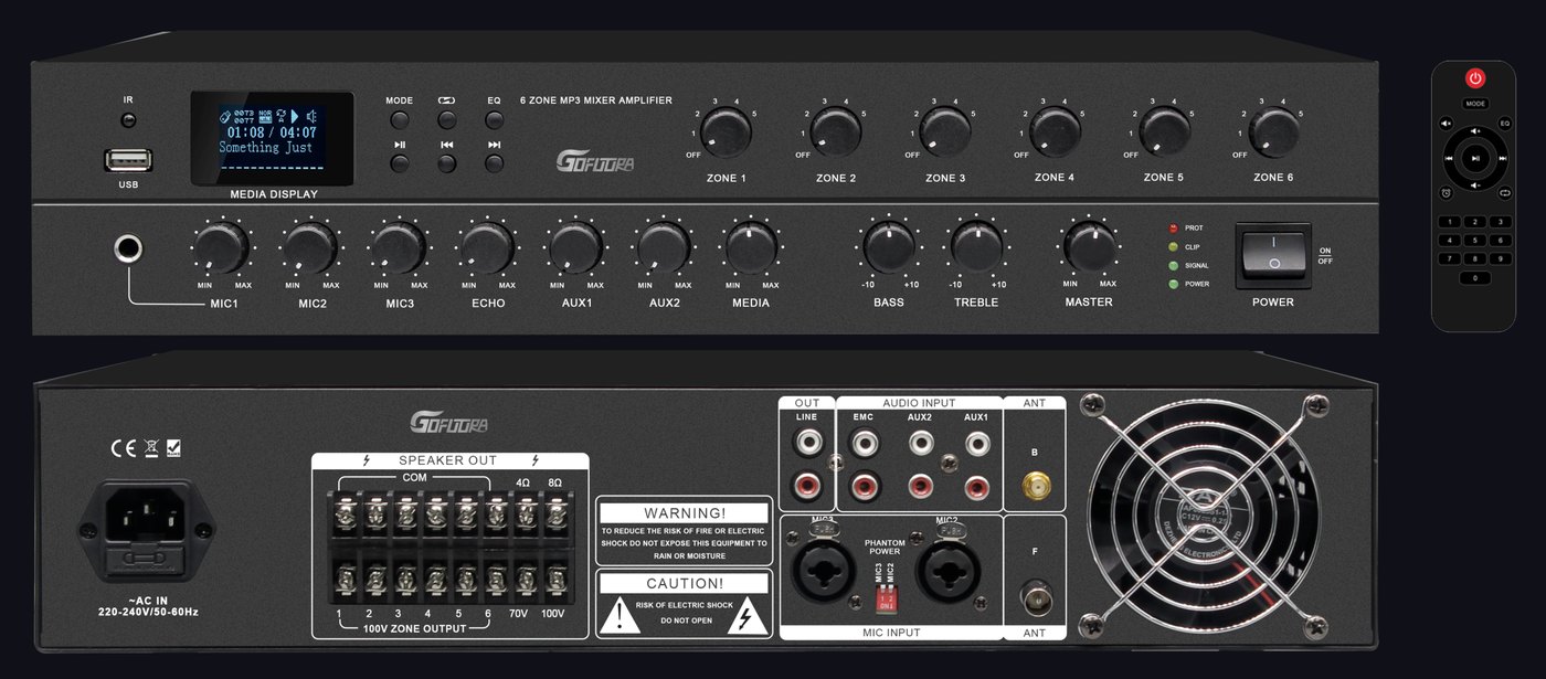 GoFutura 6-zone MP3 mixer amplifier — front and rear panel