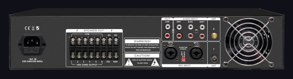 Mixer amplifier rear panel with 100V zone outputs, 70V/100V speaker outputs, MIC and AUX audio inputs