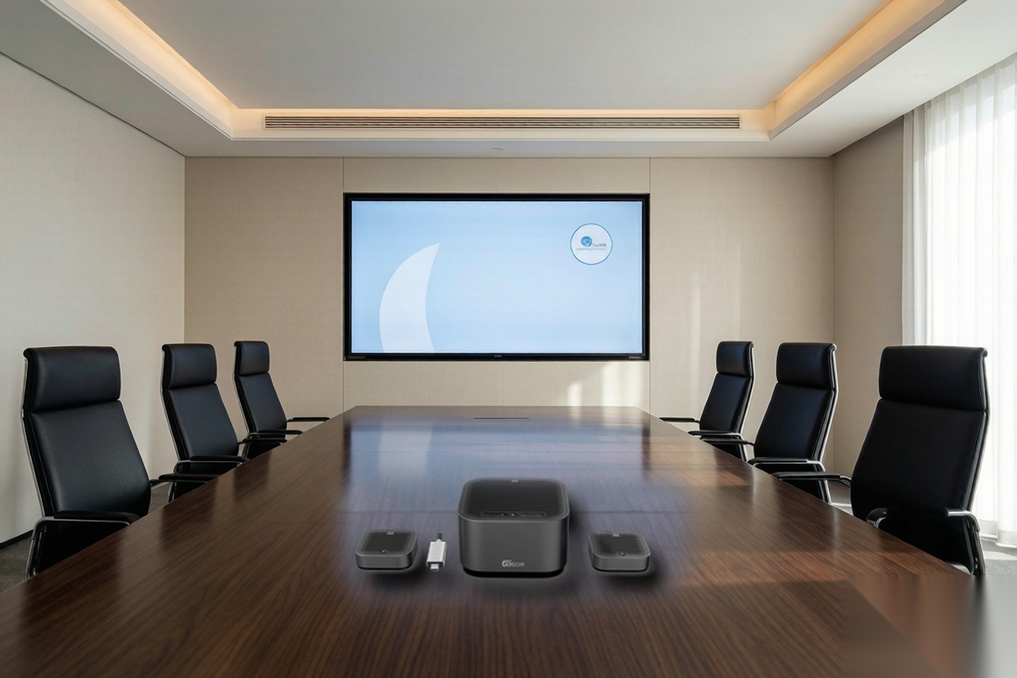 GM200W conference speakerphone with satellite mics on a meeting table