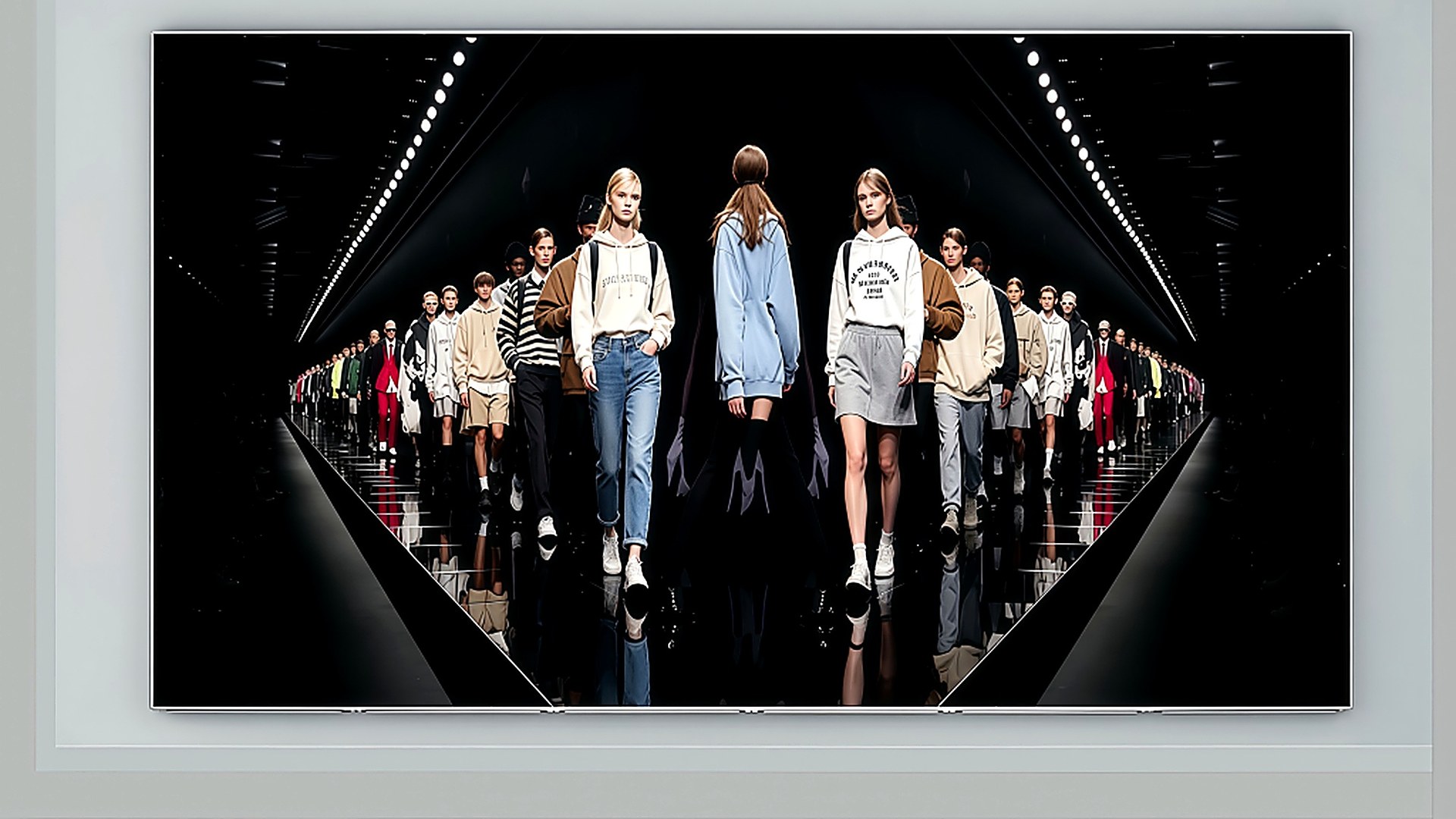 Multiple GoFutura LED posters seamlessly spliced along a fashion runway, showing high-contrast full-body model images with crisp face and hair detail