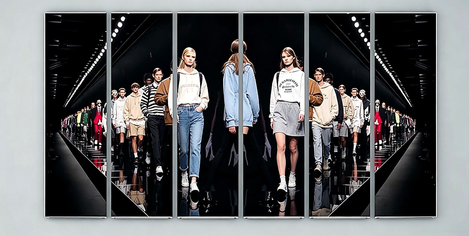 GoFutura LED poster screens spliced into a large runway backdrop for a students fashion show, displaying vivid model photographs at high resolution