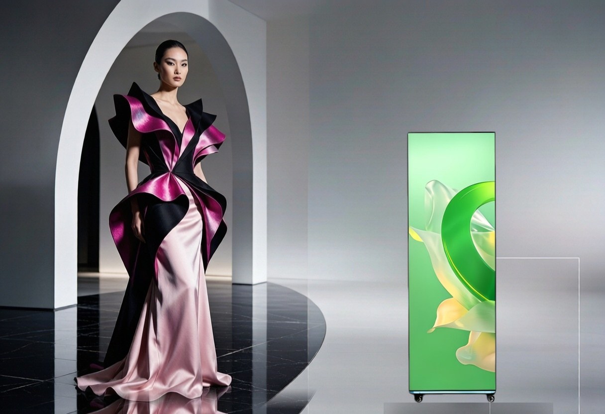 GoFutura foldable LED poster displayed beside a striking oriental beauty in dramatic black and iridescent pink haute couture