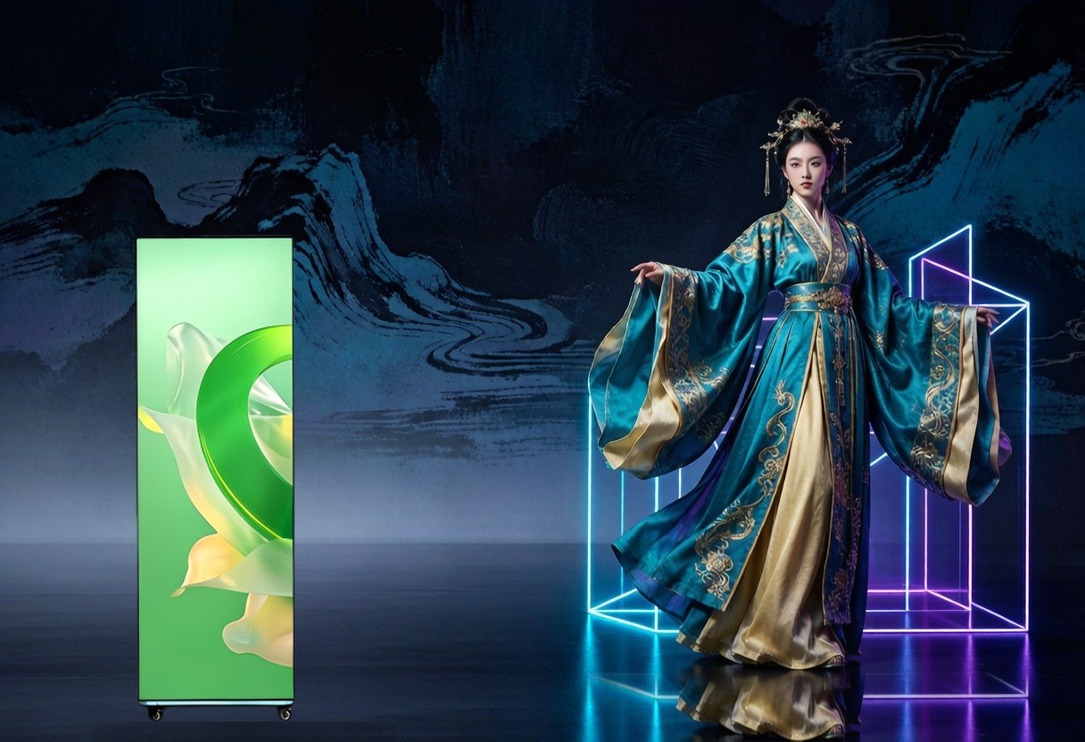 GoFutura foldable LED poster displayed beside a serene oriental beauty in flowing teal and gold hanfu within a futuristic ink-wash landscape