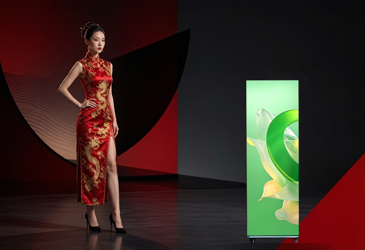 GoFutura foldable LED poster displayed beside an elegant oriental beauty in a red and gold silk qipao on a luxury runway stage