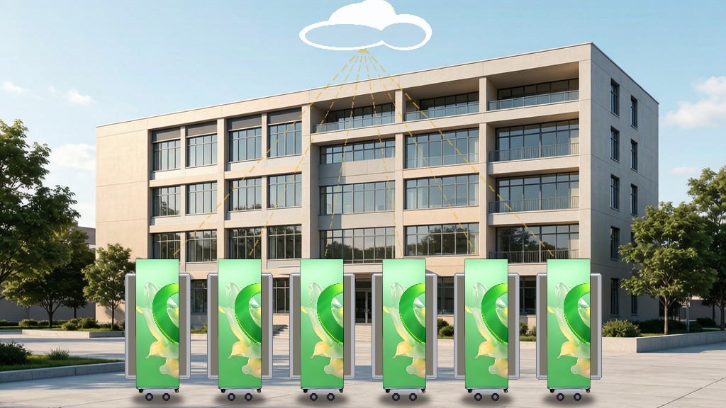 Six complete GoFutura LED poster units in a row, each with black frame, base and wheels, all displaying the same vivid green poster content pushed from the cloud, demonstrating remote centralized content control across multiple displays.