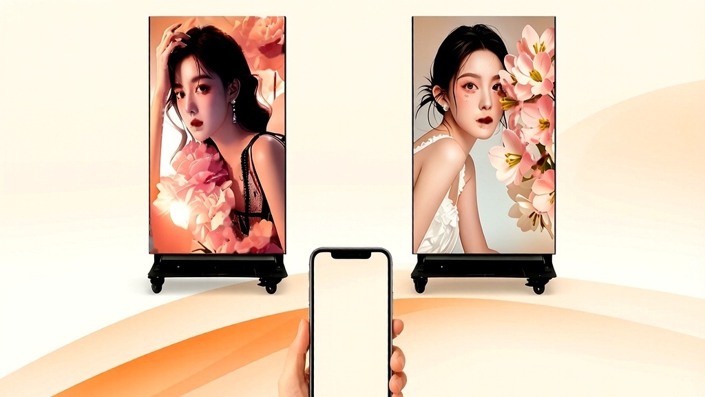 Mobile app one-click content release to the LED poster, showing two foldable LED poster screens displaying poster content pushed from the phone app
