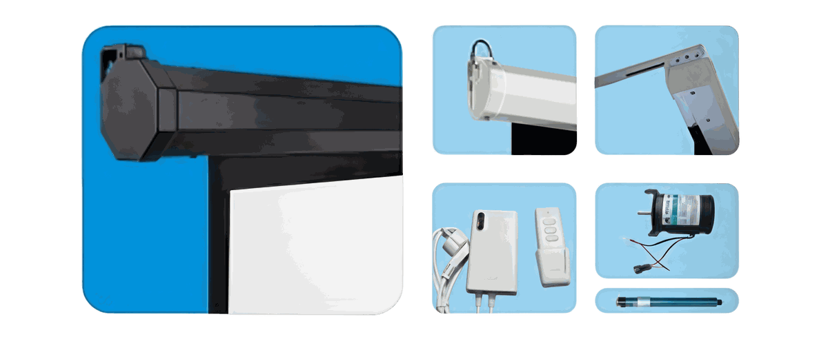 Electric motorized projector screen for wall or ceiling mounting in multipurpose rooms