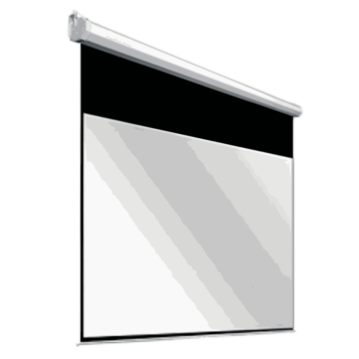 Electric projector screen installation detail with white matte fabric